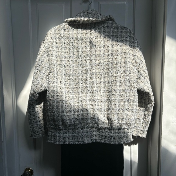 H&M Tweed Textured-Weave White And Black Cropped Bomber Jacket Size XS - Picture 9 of 13